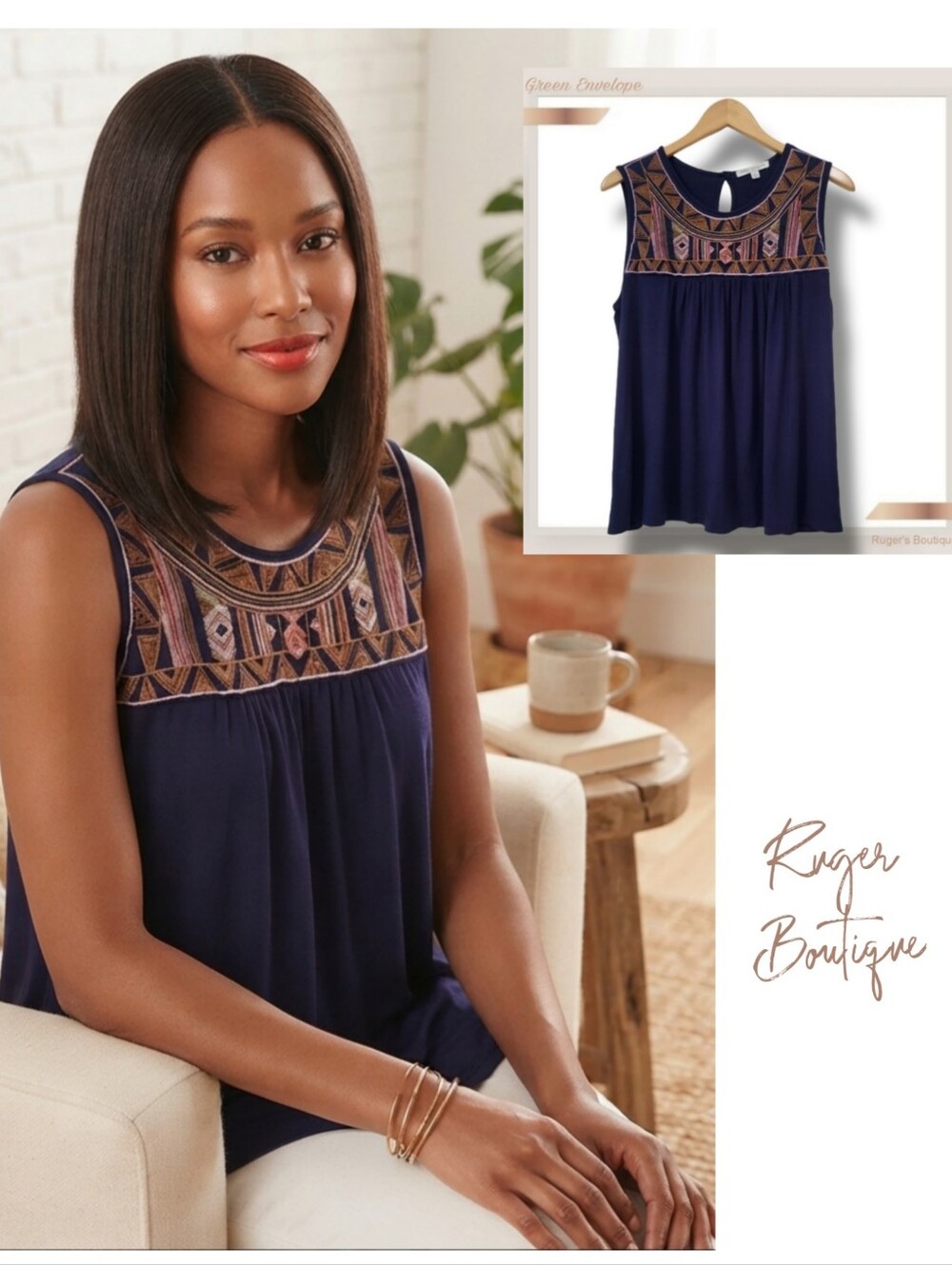 🌿Green Envelope Women's 1X Navy Blue Sleeveless Aztec Embroidered Babydoll Top